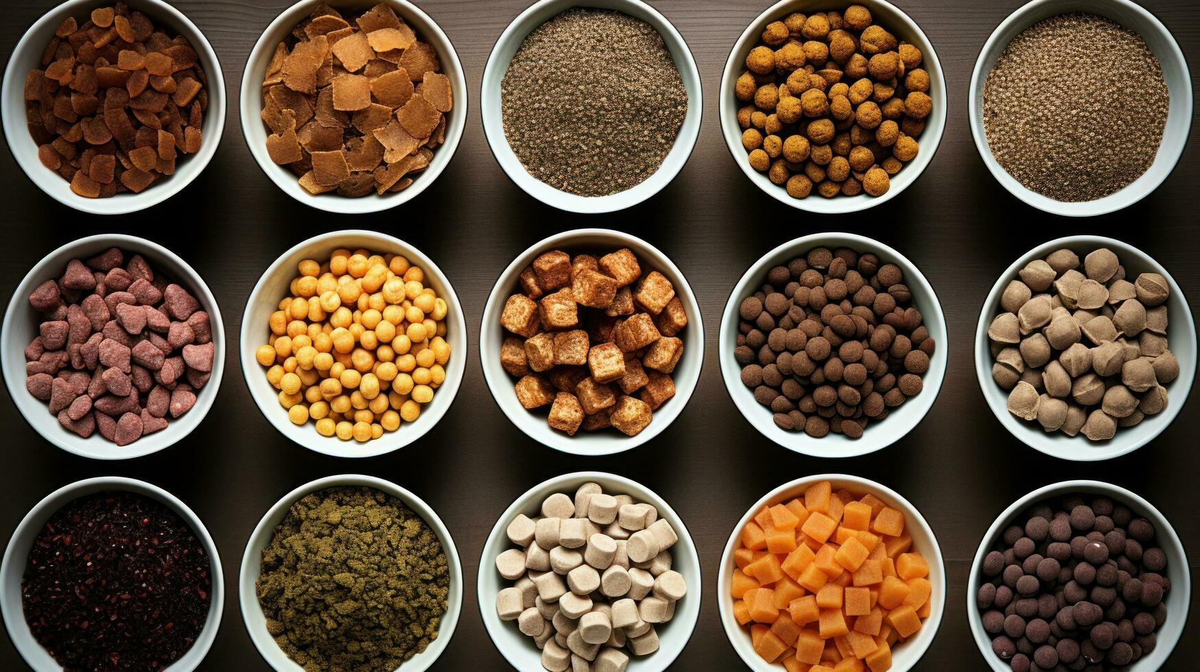 Different kinds of food bowls filled with various types of food photo