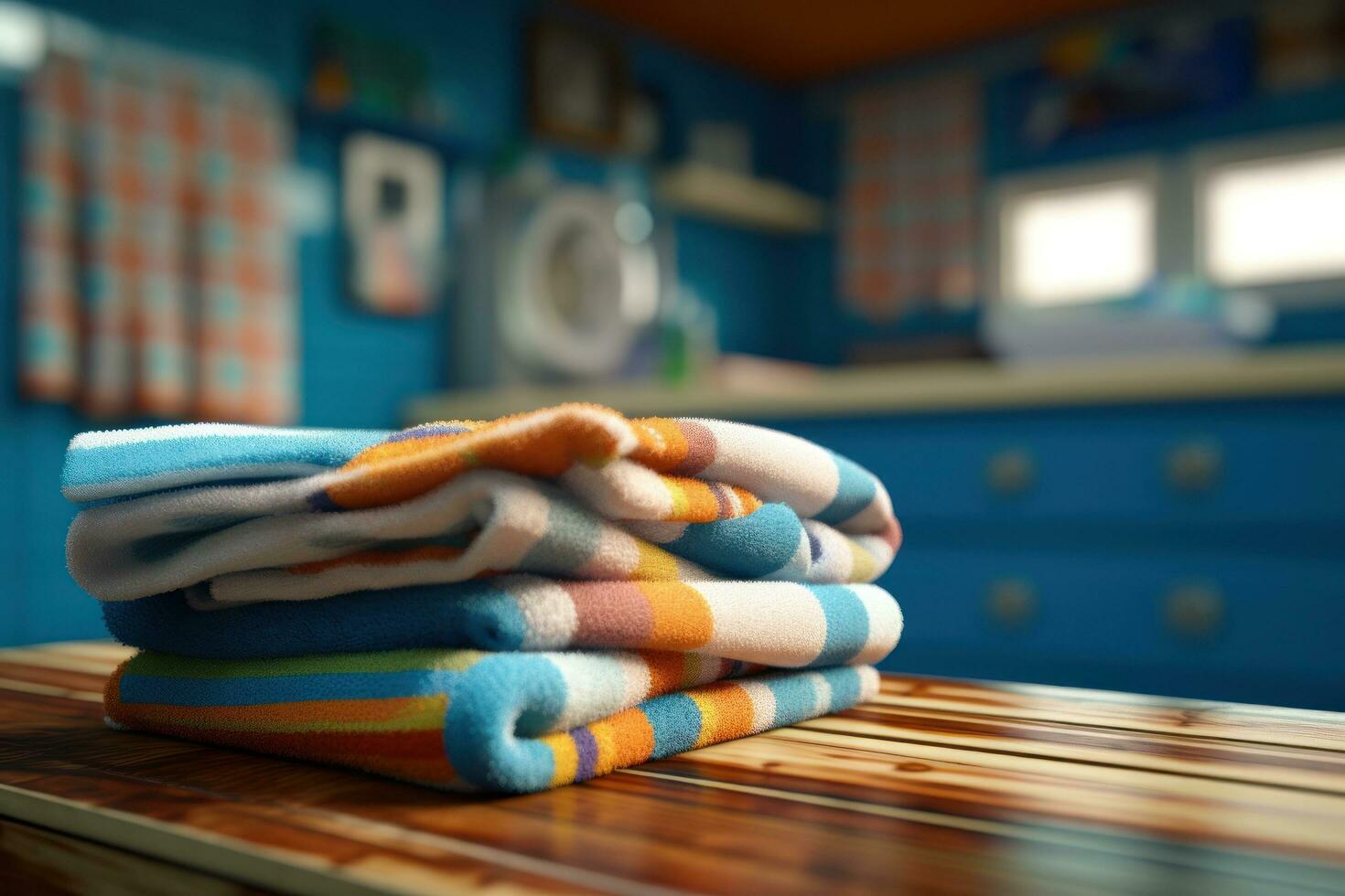 Towel on a wooden bench at the laundry room photo