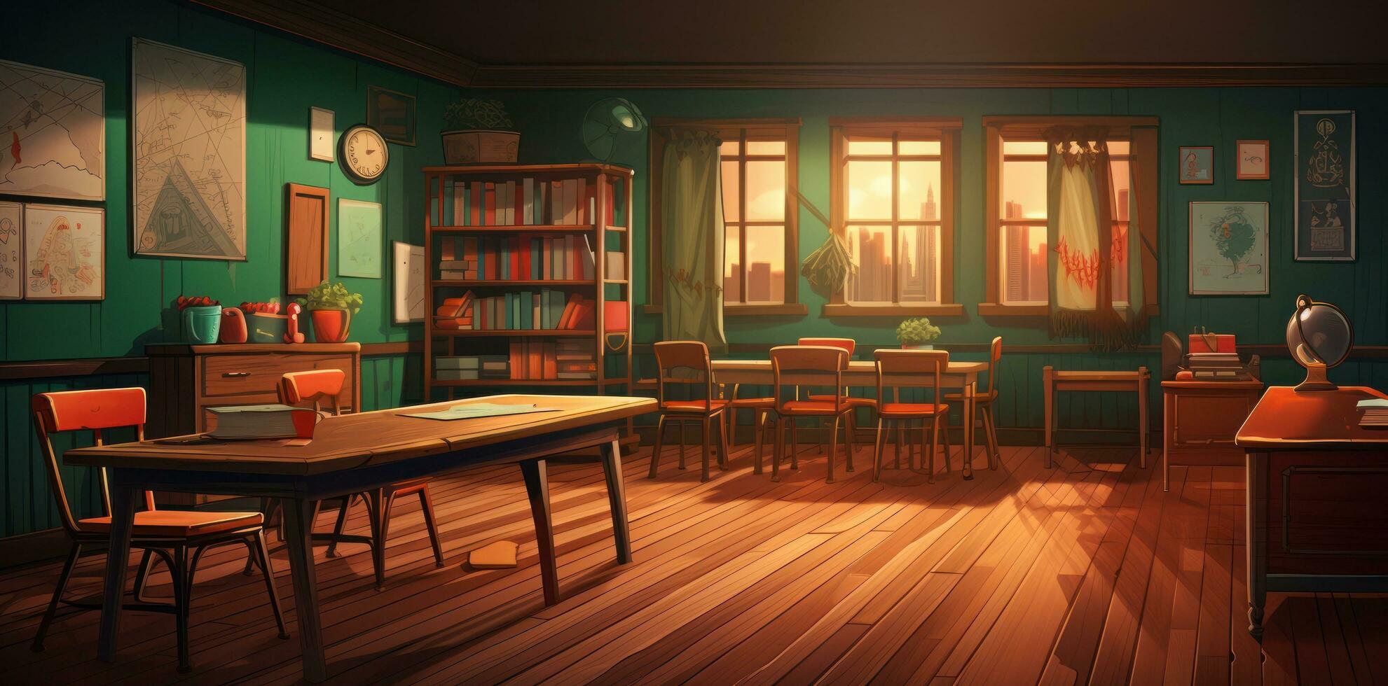 A classroom with a blackboard, desk, pens, and school supplies photo
