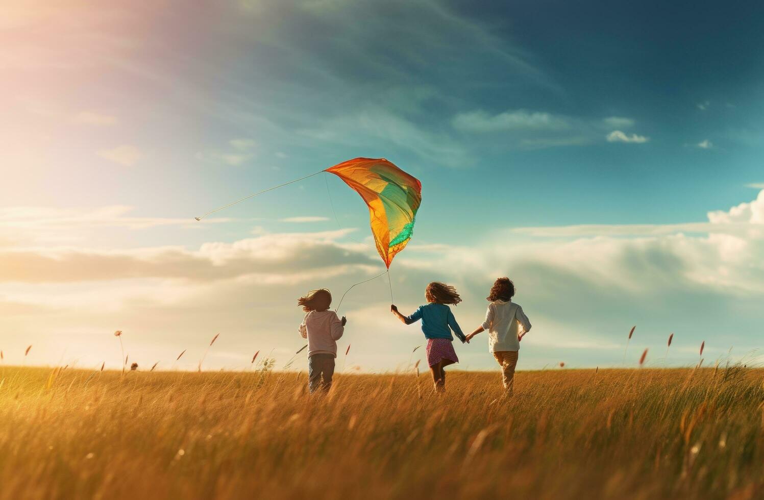 People are running through the field with a kite flying in the wind photo