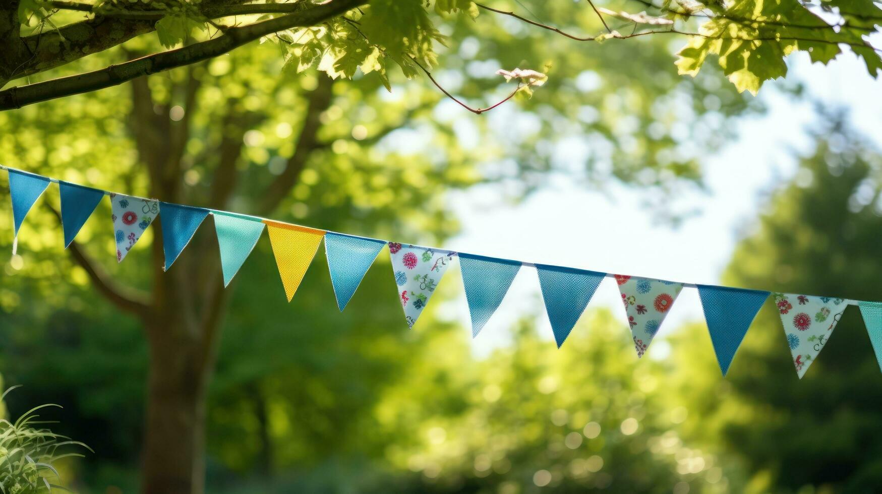 Colorful bunting at the party with trees behind it photo