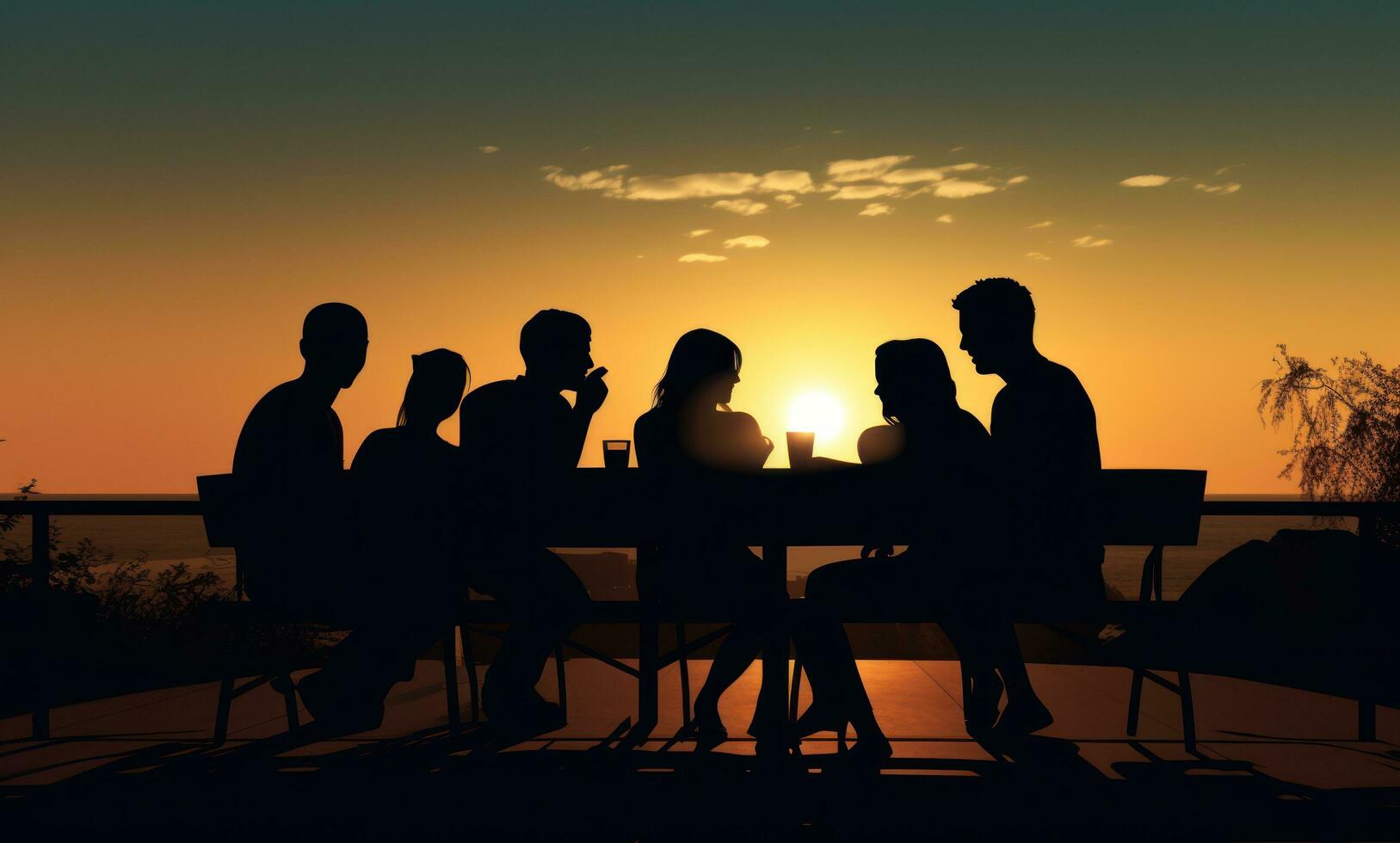 Group of people silhouette in the sunset photo