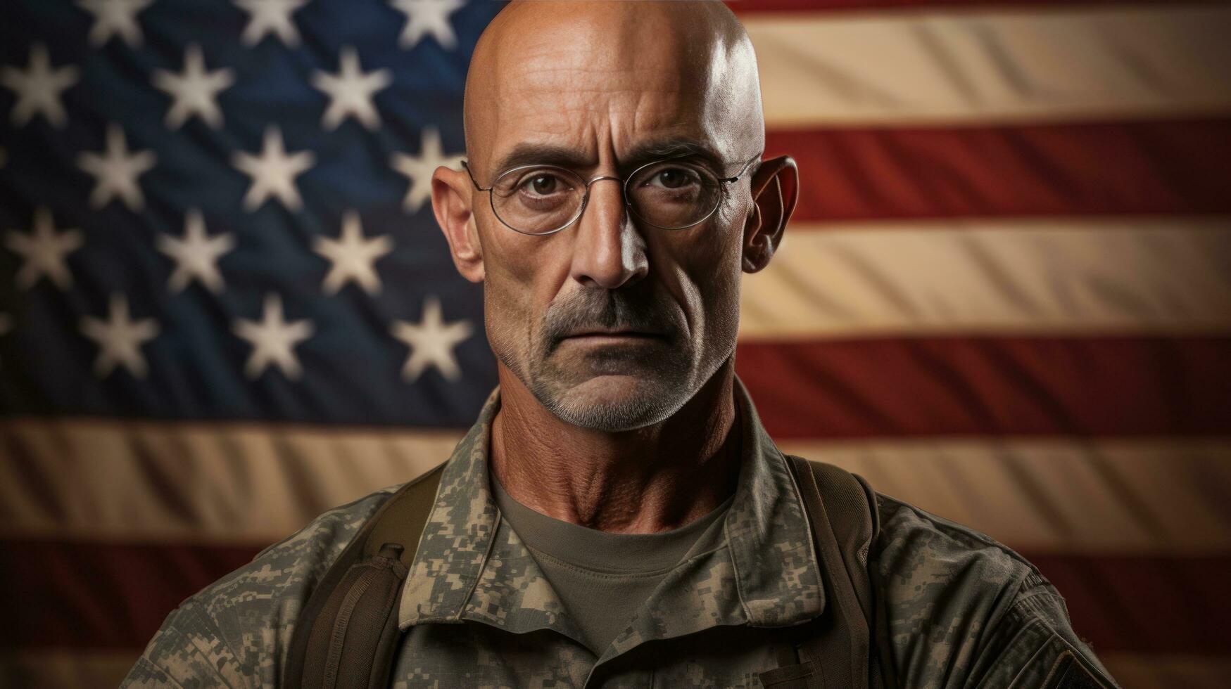 An elderly male soldier in military uniform standing in front of an american flag photo