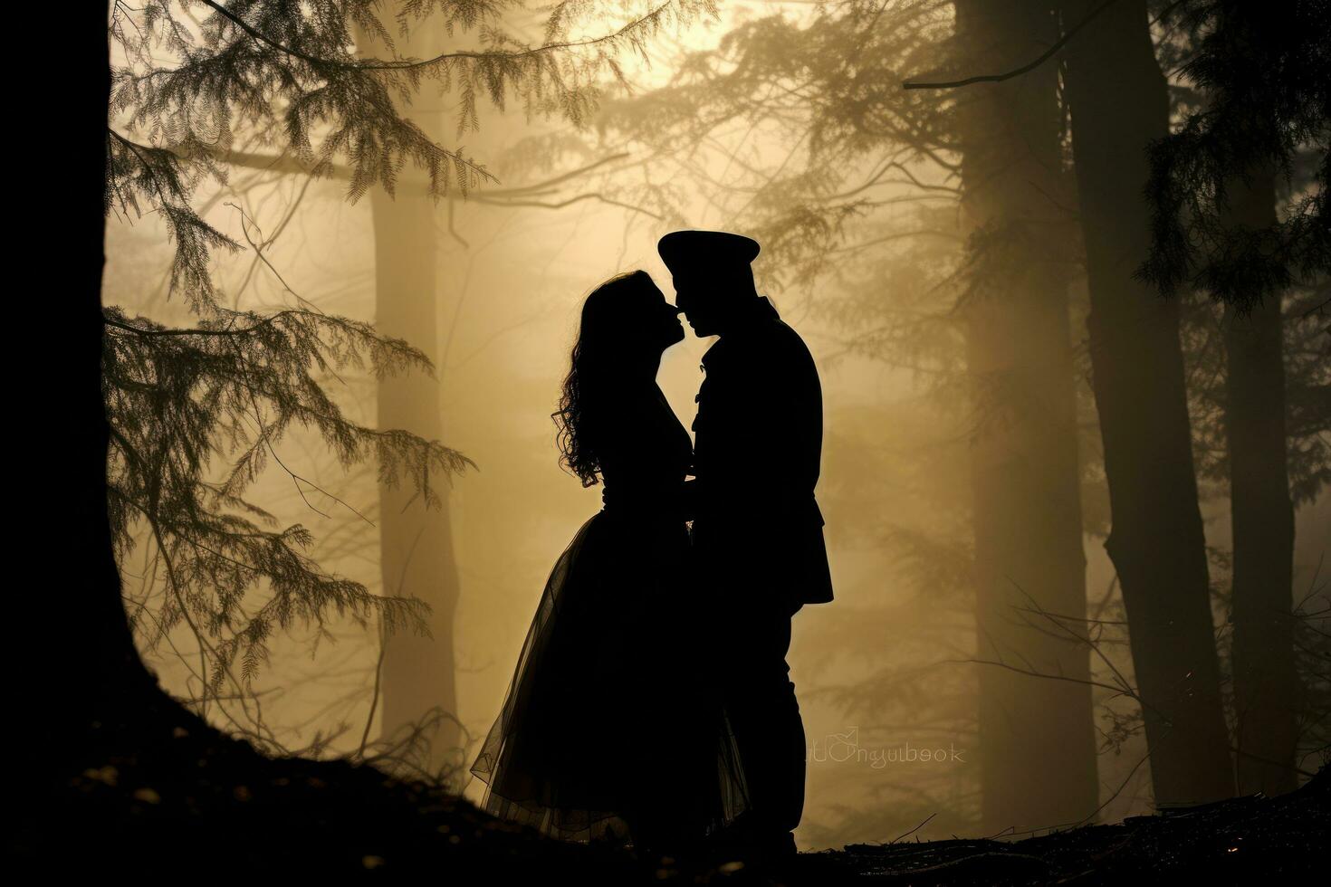 Woman and man kissing in the forest photo