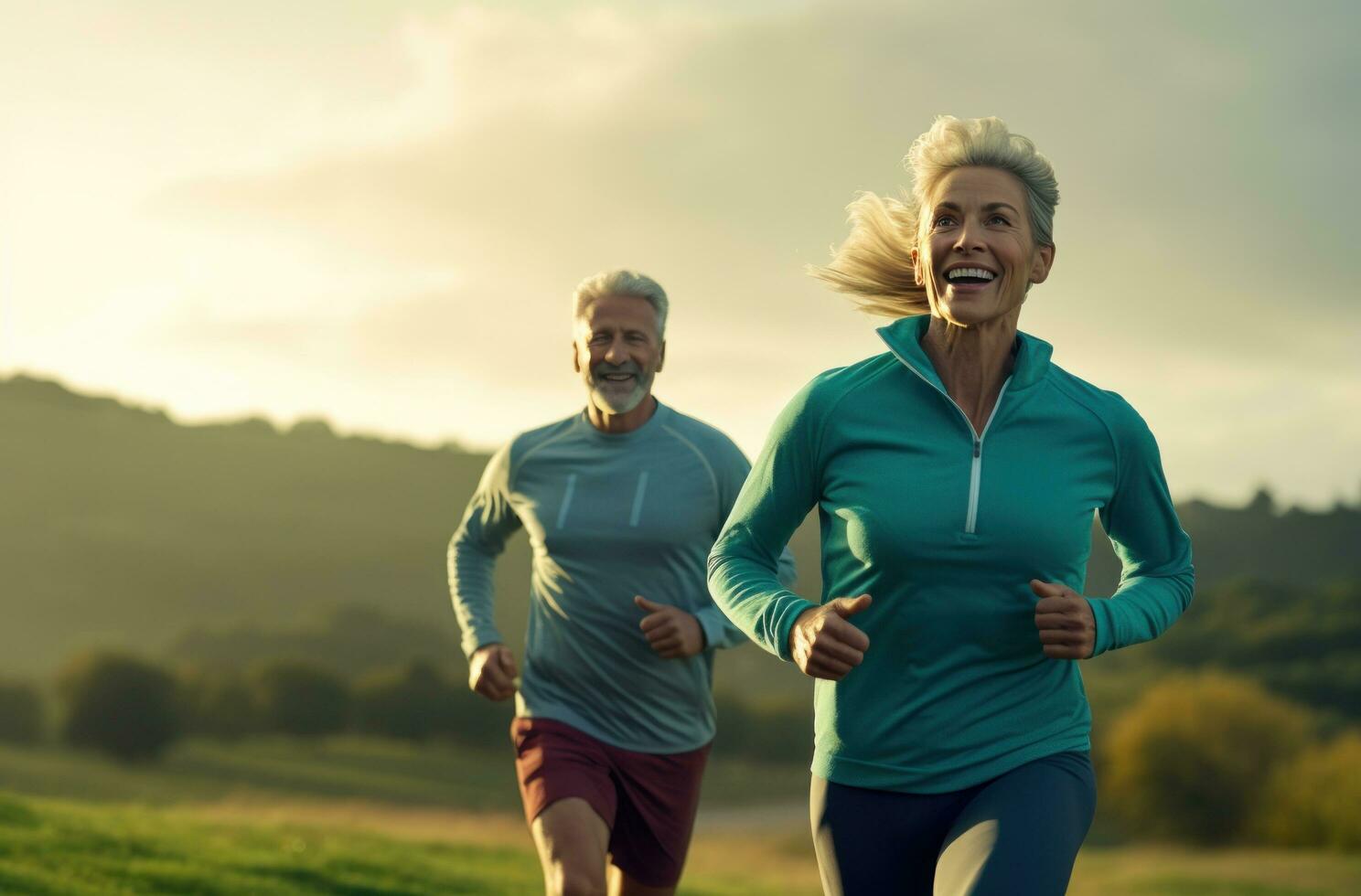 An older couple is jogging in an open field photo