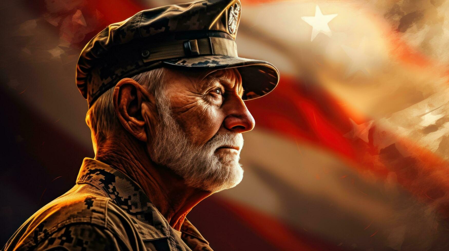 An elderly male soldier in military uniform standing in front of an american flag photo