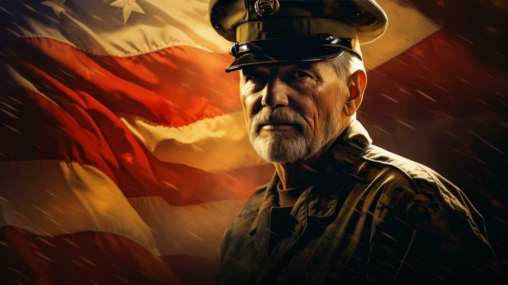 An elderly male soldier in military uniform standing in front of an american flag photo