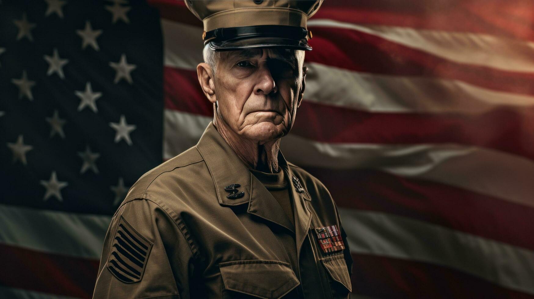 An elderly male soldier in military uniform standing in front of an american flag photo