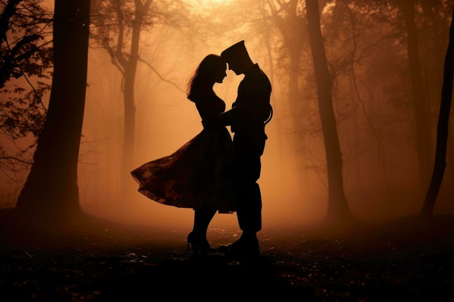 Woman and man kissing in the forest photo