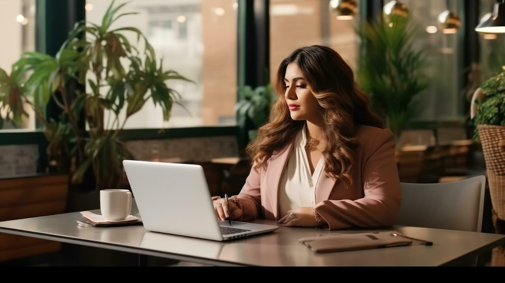 Plus size model girl with laptop 29563133 Stock Photo at Vecteezy