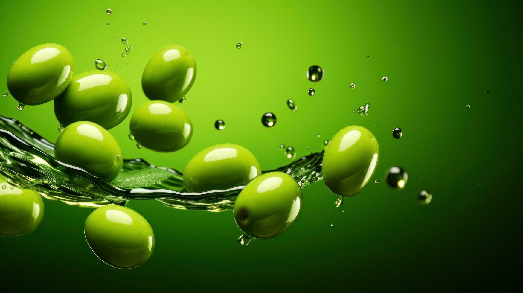 Olives and olive oil green background photo