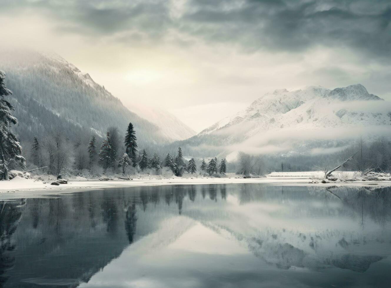 A beautiful landscape in winter with mountains reflected on the lake photo