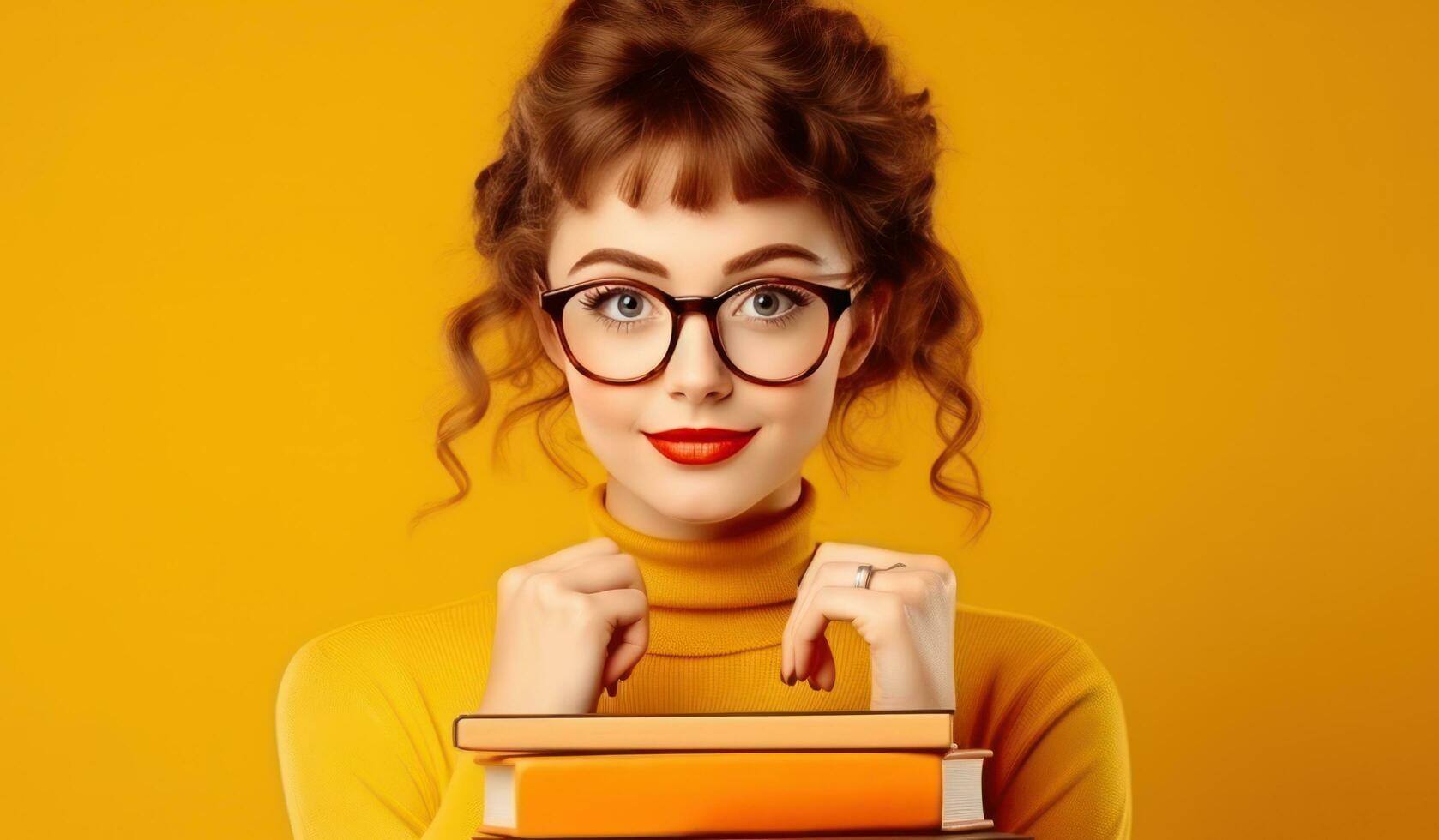 Young girl with stack of books photo
