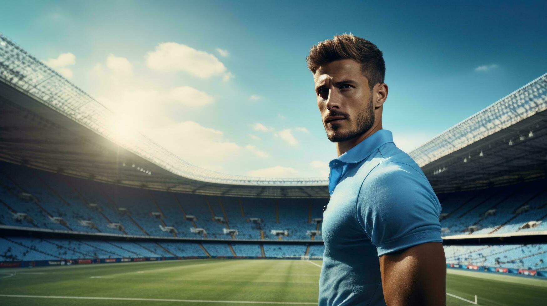 A soccer player standing in the stadium photo