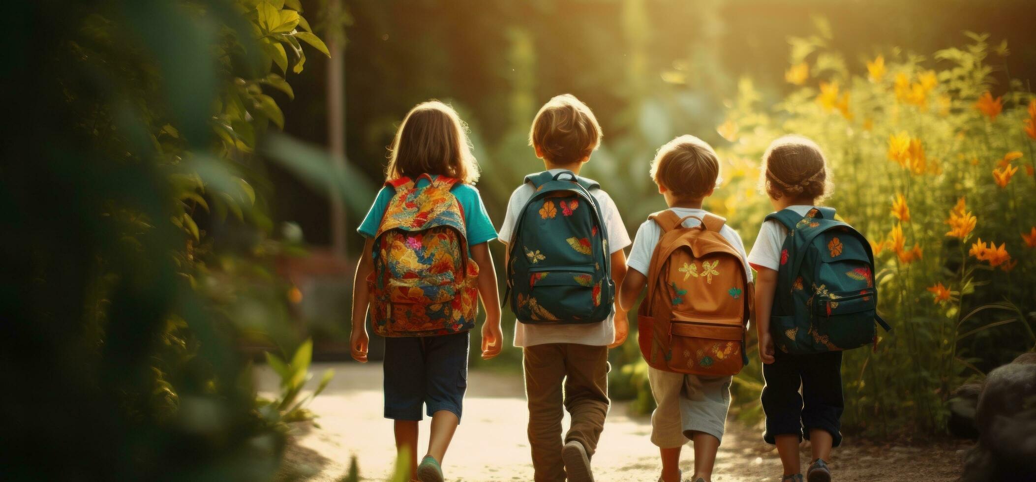 niños participación mochilas en pie en frente de un calle foto