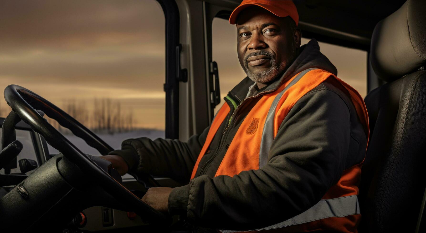 A truck driver is driving a truck with an orange vest photo