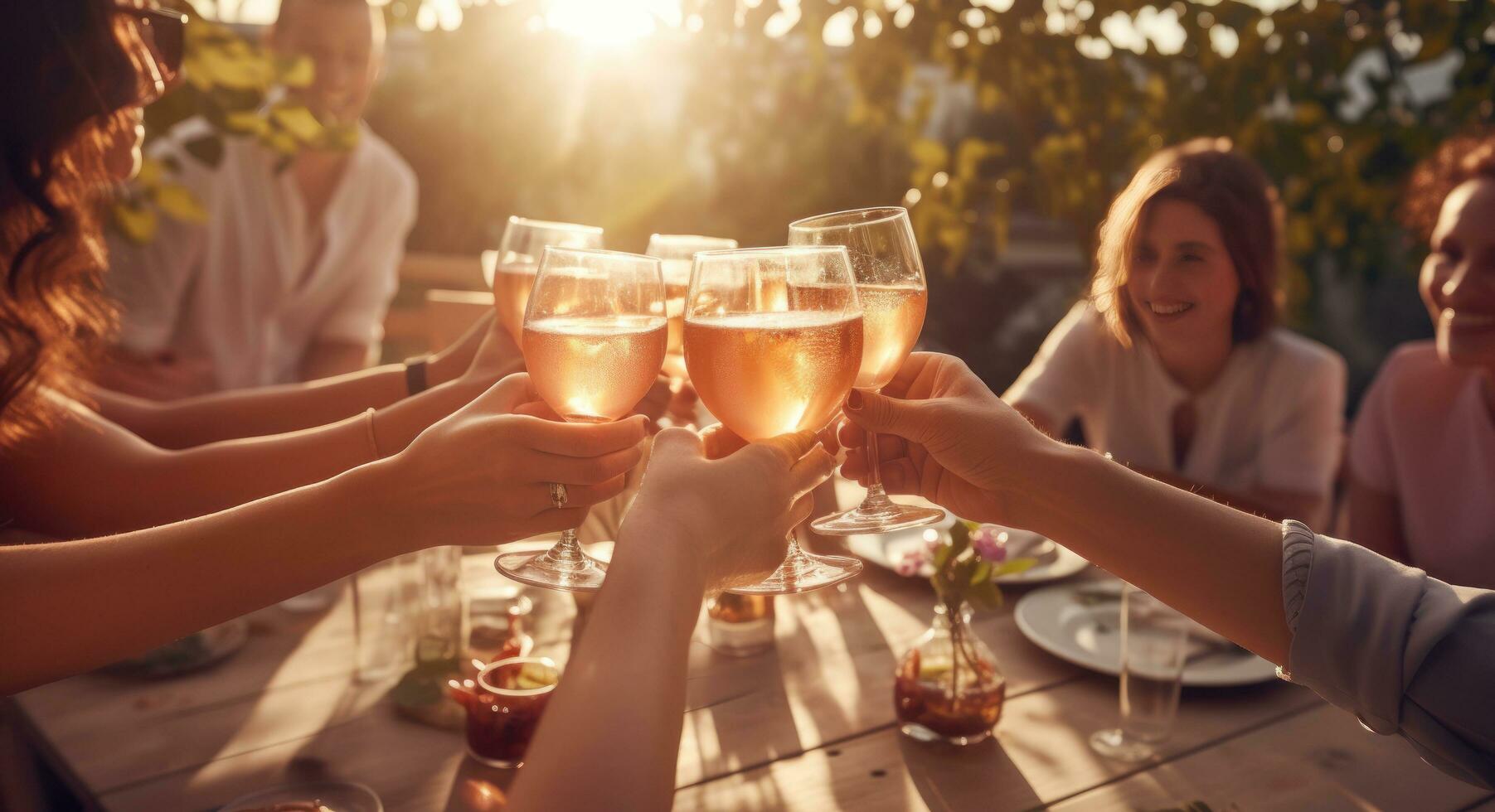 Several friends toasting at a table outdoors with wine photo