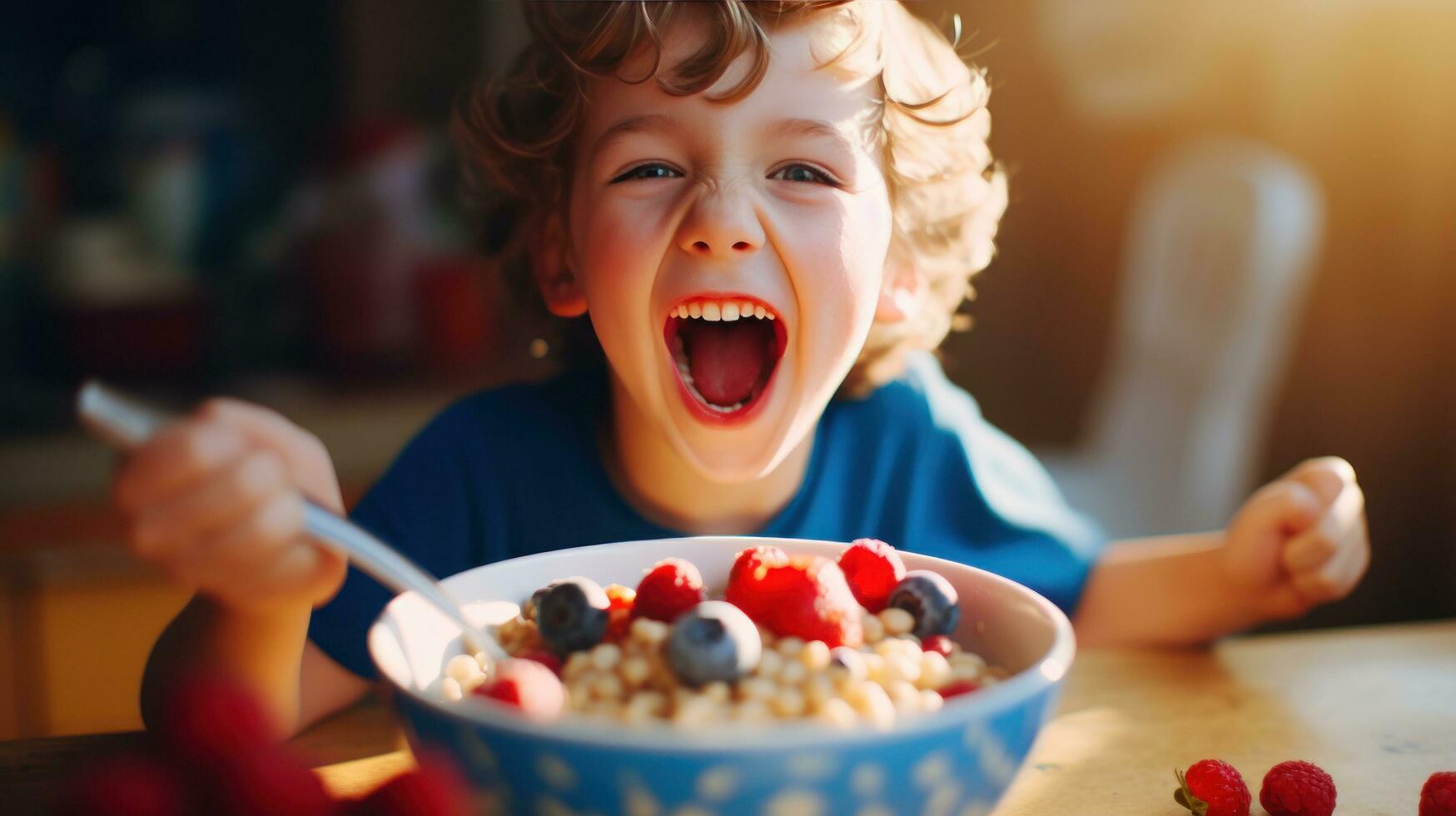 A child laughing beside a bowl of cereal photo