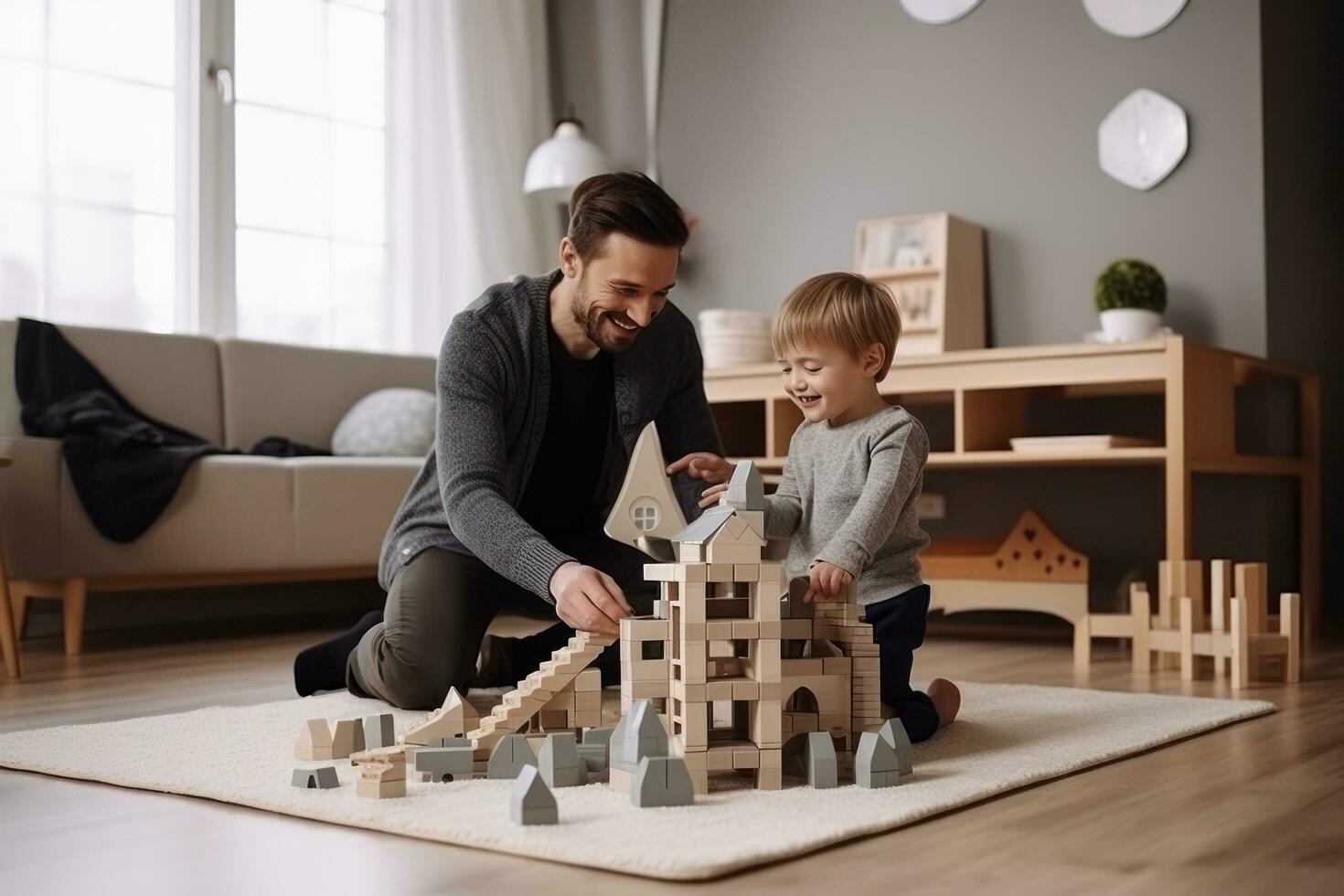 Child playing with wooden blocks in the family room 29563297 Stock