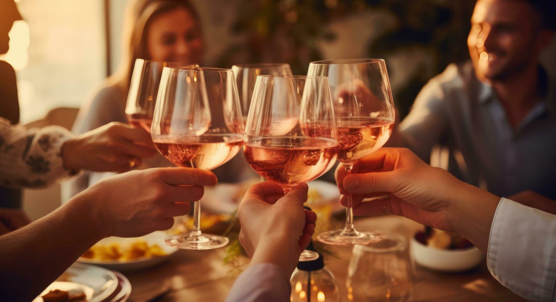 Several friends toasting at a table outdoors with wine photo