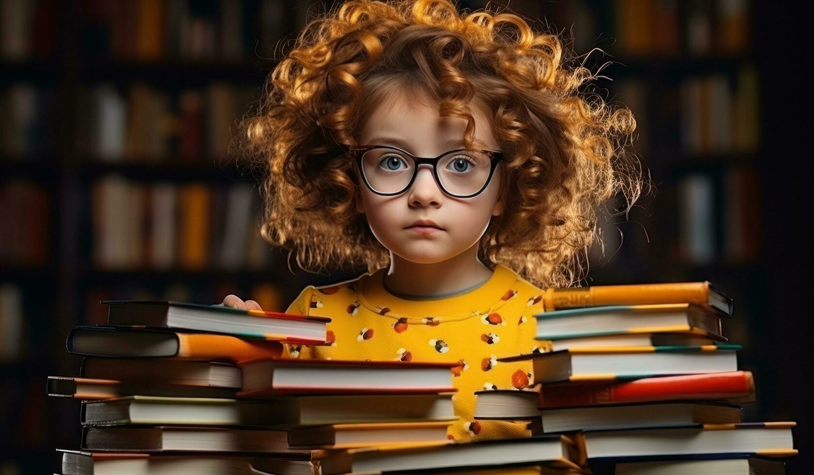 joven niña con apilar de libros foto