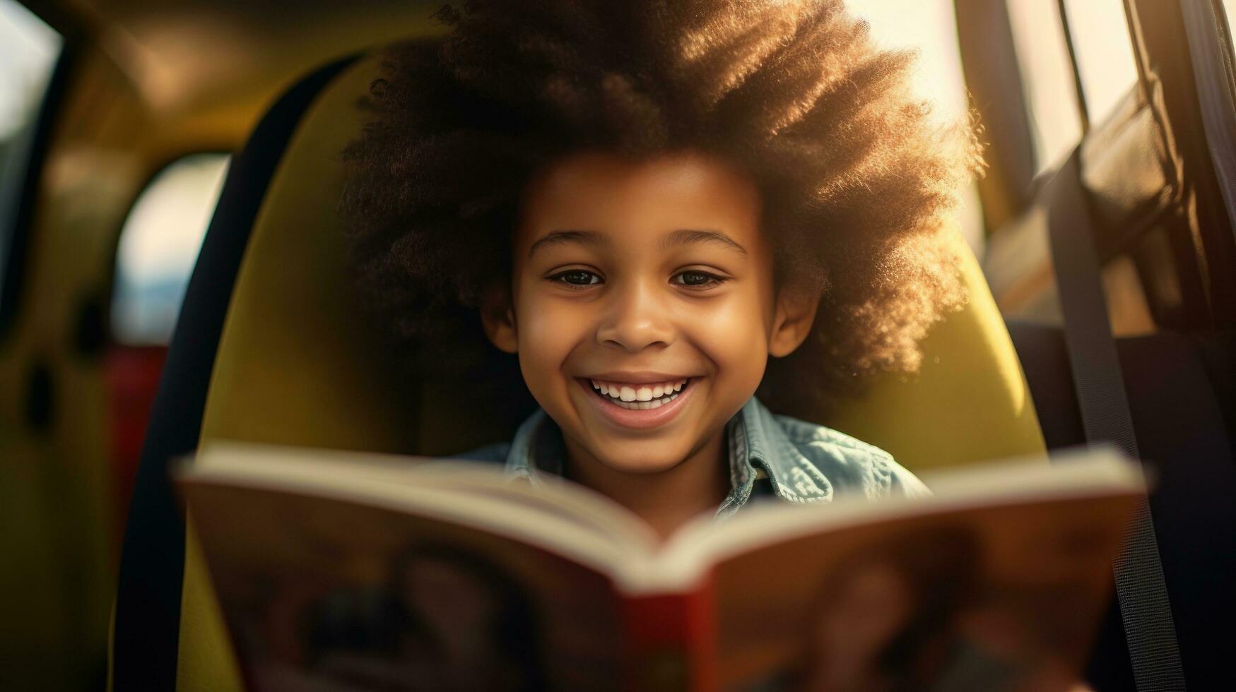 Little boy reading a magazine in a car photo
