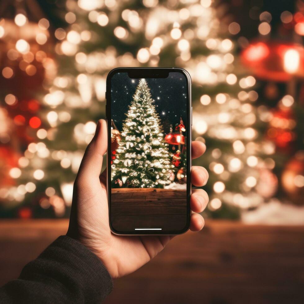 A hand holding a phone with a christmas tree background photo