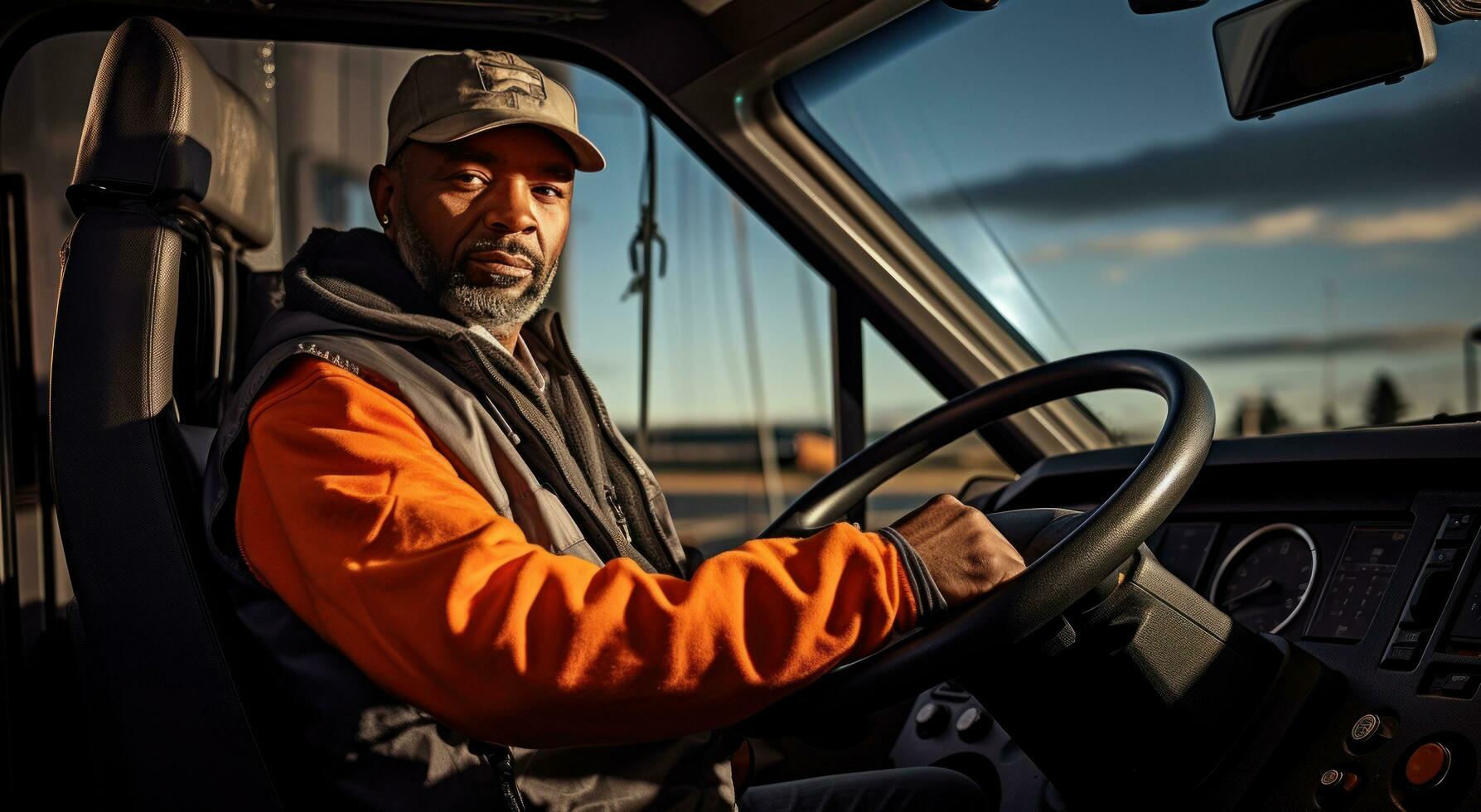 A truck driver is driving a truck with an orange vest photo