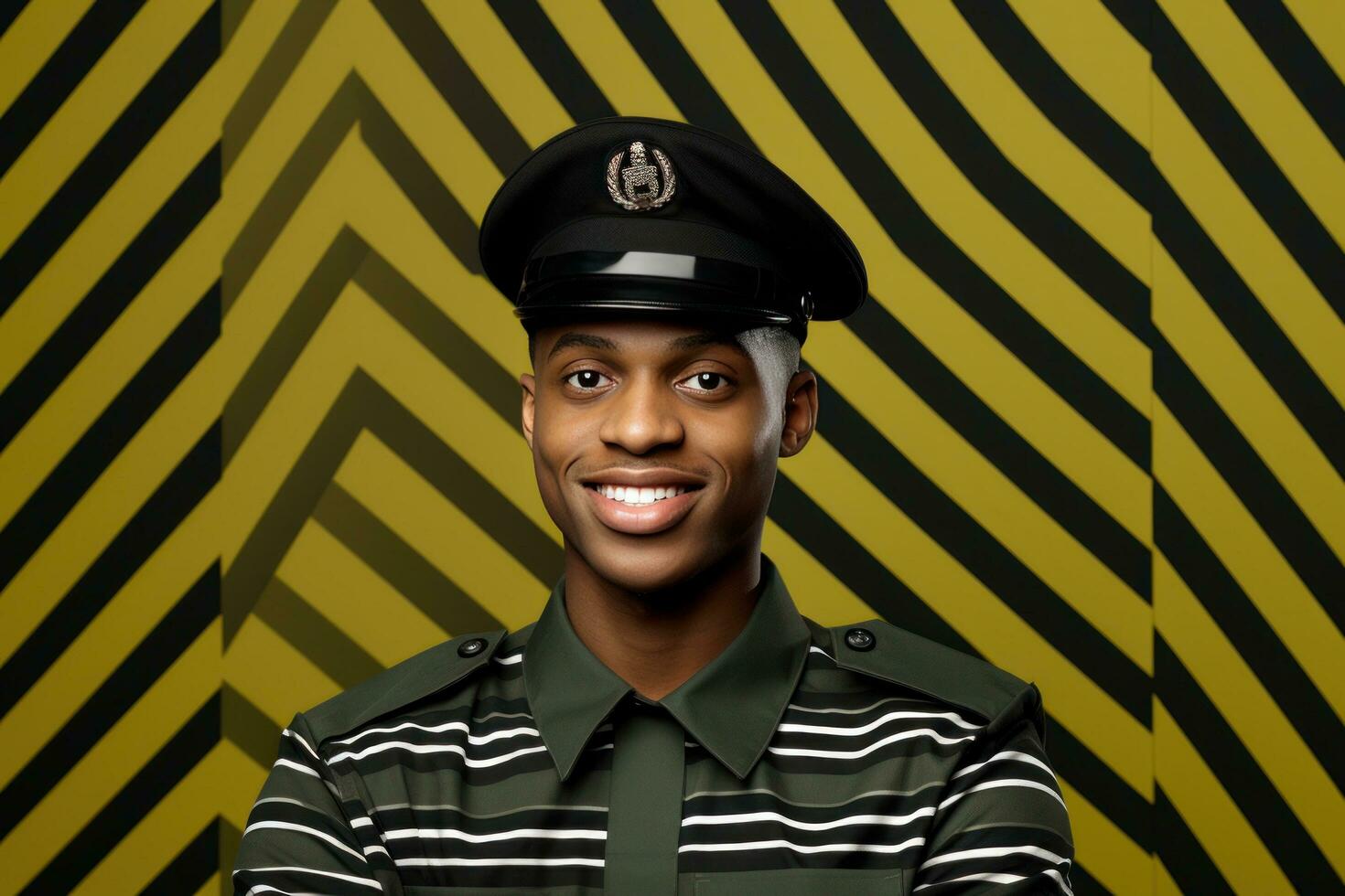 A young black man in a military uniform is smiling and posing for a photo