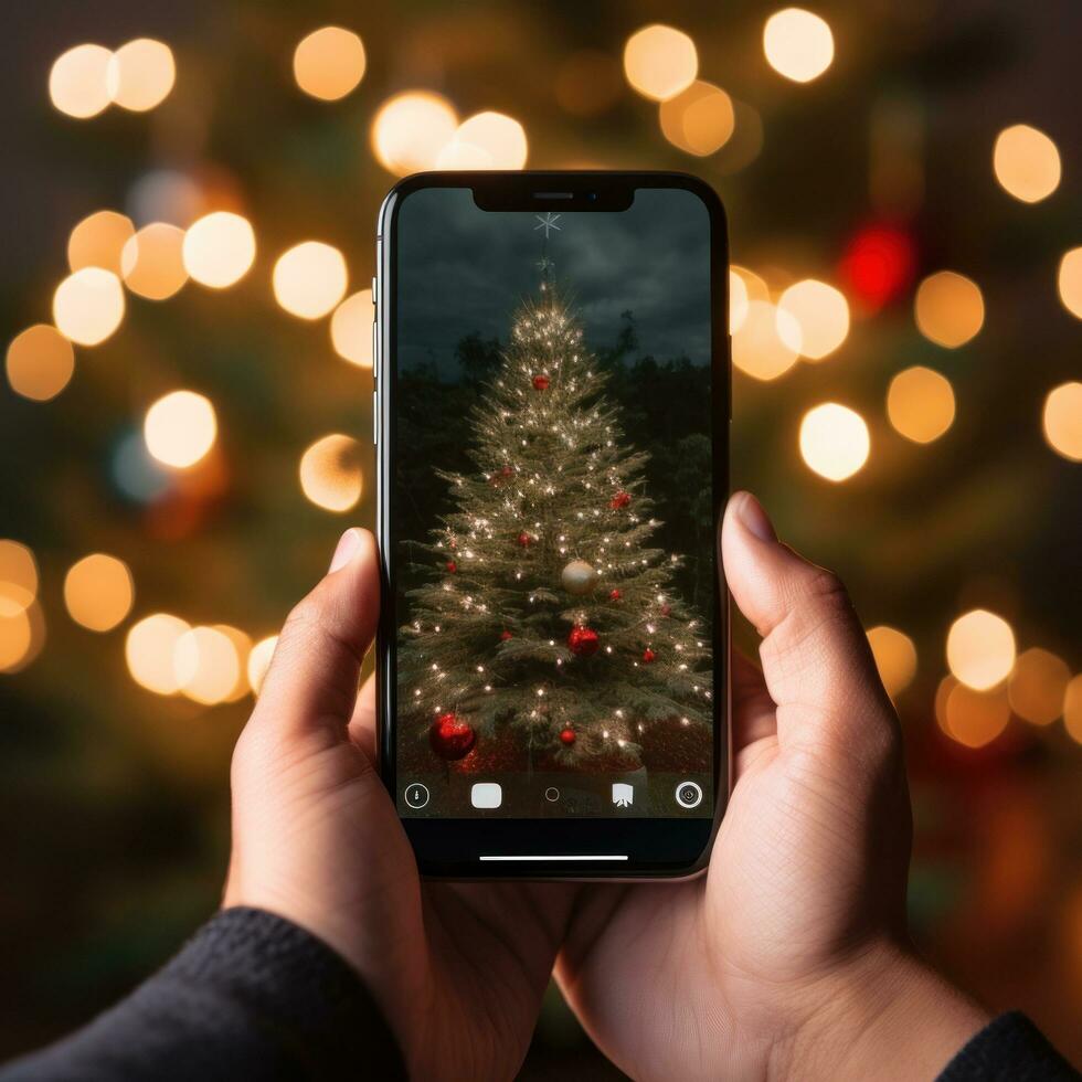 A hand holding a phone with a christmas tree background photo