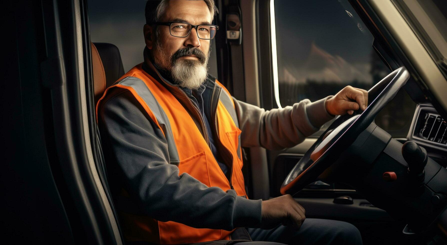 A truck driver is driving a truck with an orange vest photo