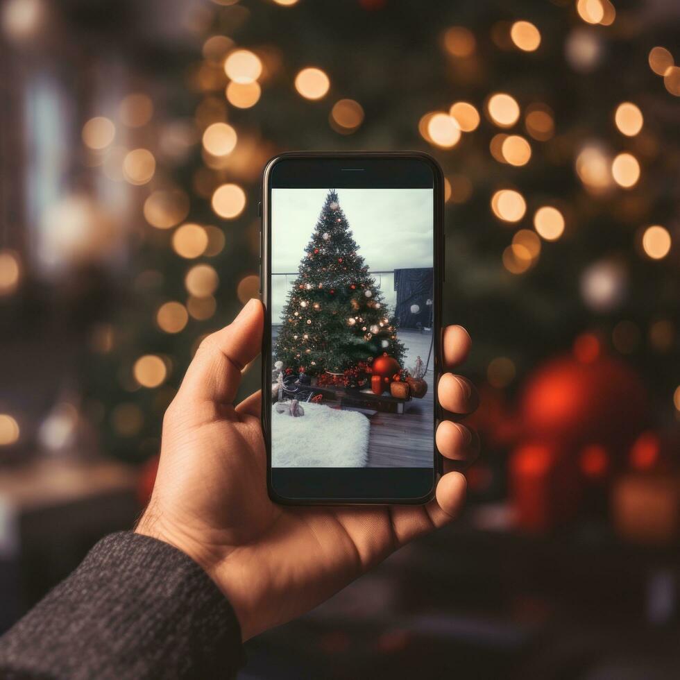 A hand holding a phone with a christmas tree background photo