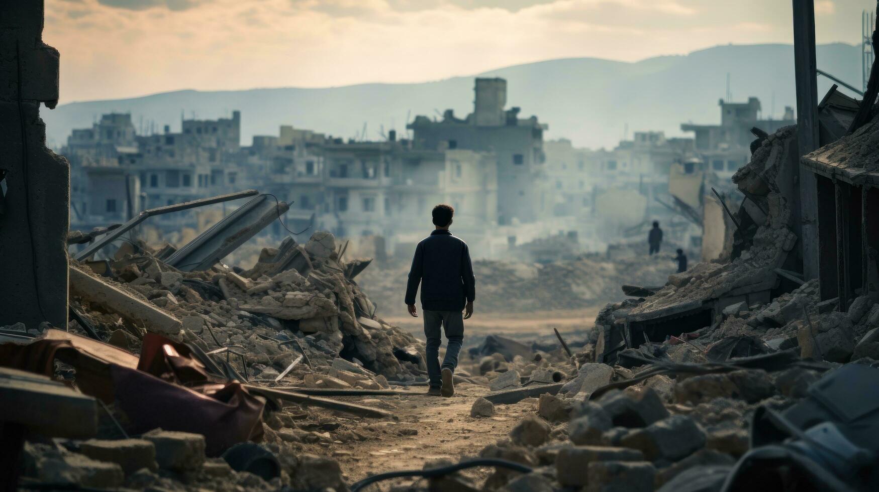 Building rubble in a city photo