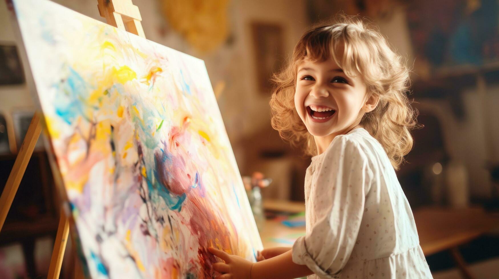 un pequeño niña pintura un resumen pintura en un caballete foto