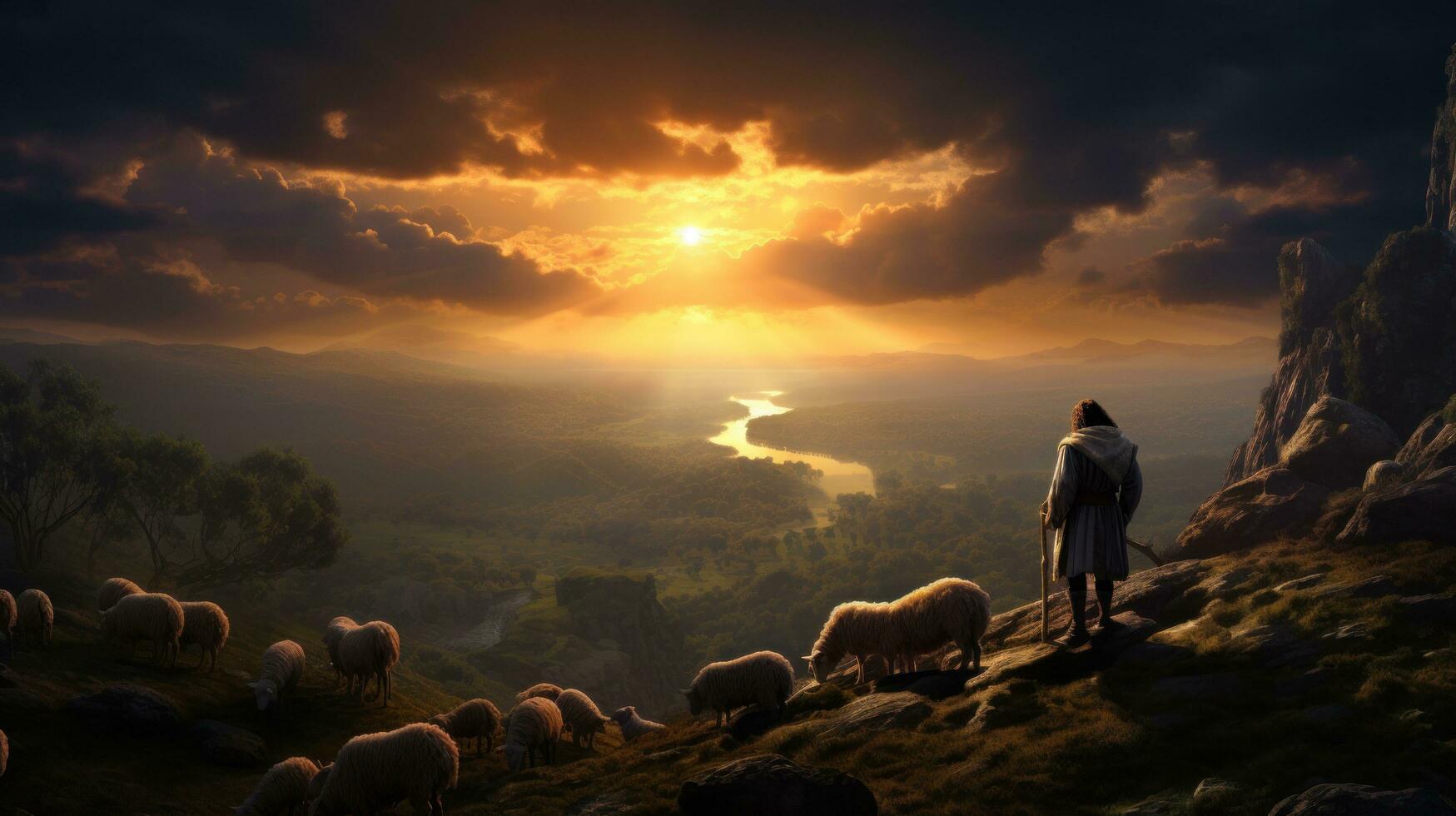 Jesus shepherding the sheep in evening sky photo