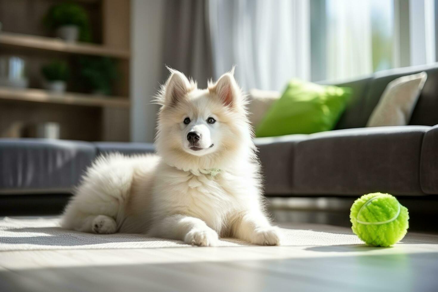 Dog taking off his leash and playing with green ball photo