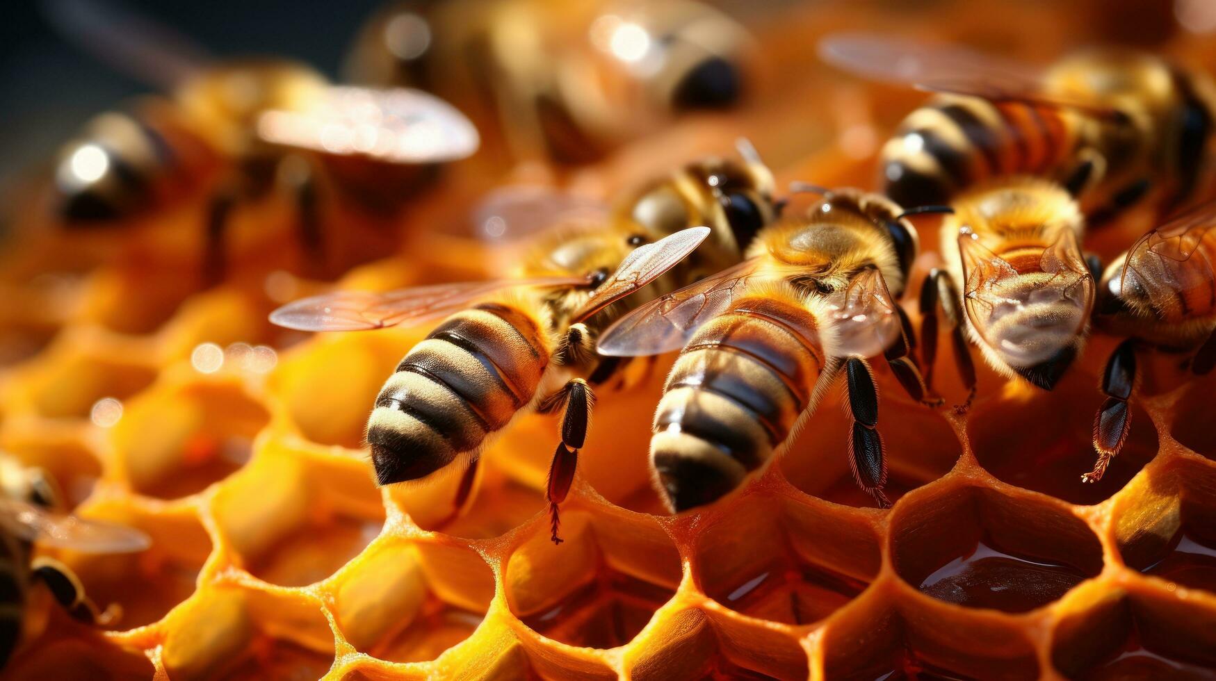 Bees occupying honeycombs in the early morning photo