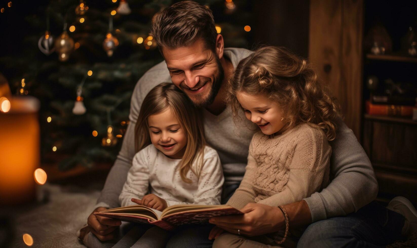 Happy family sitting around christmas christmas tree photo