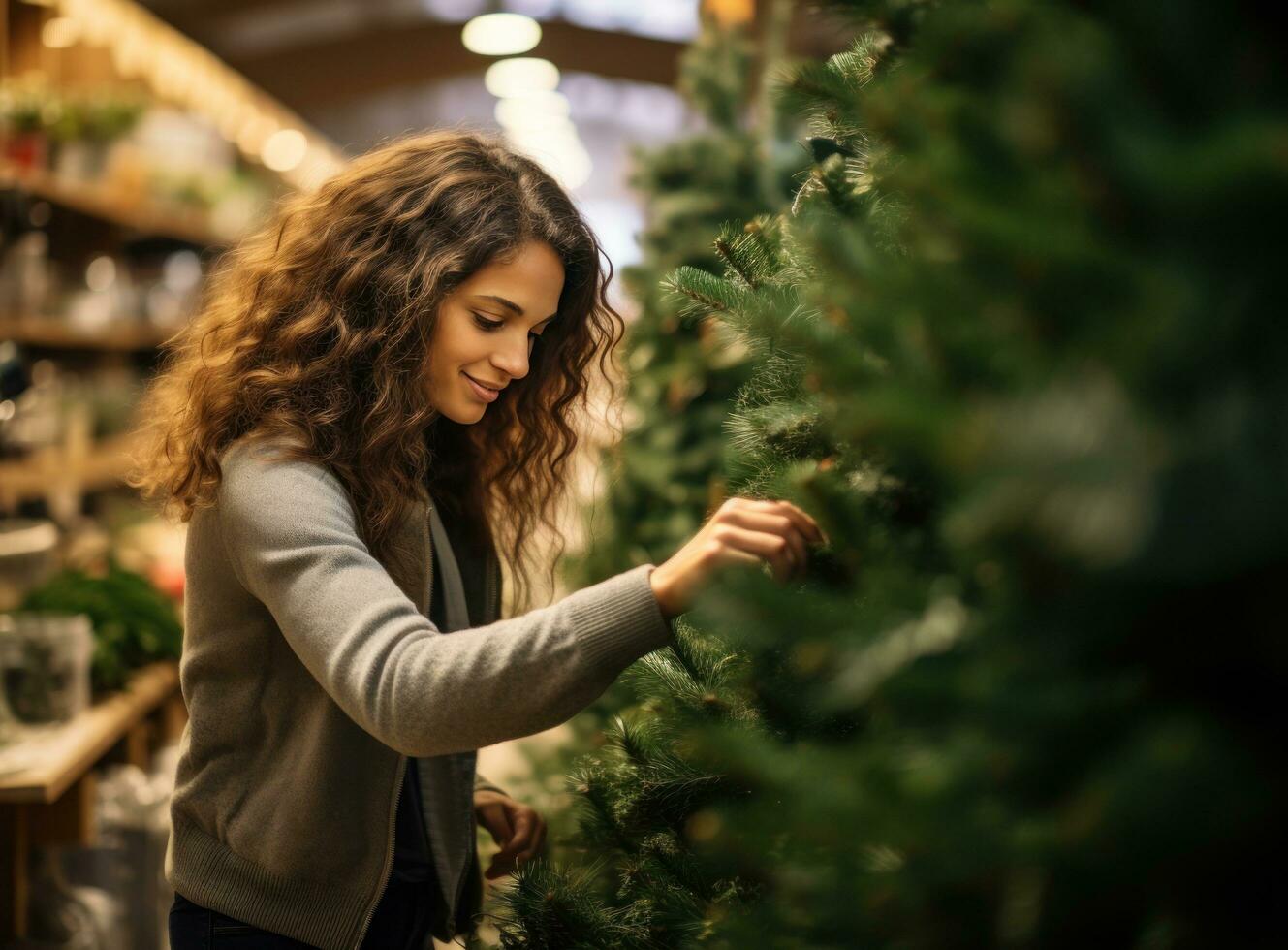 Beautiful woman smelling christmas tree at holiday shop photo