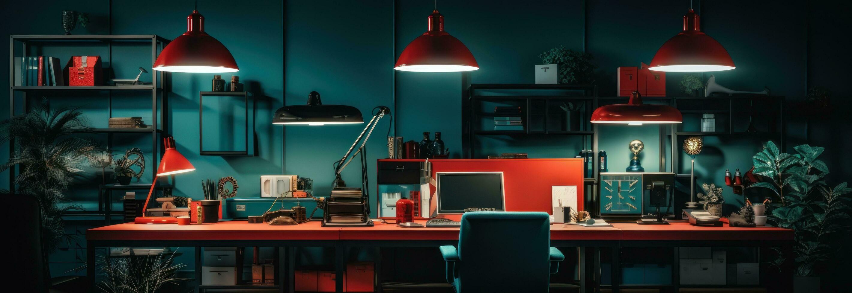 Red lamps with blue lighting in the office photo