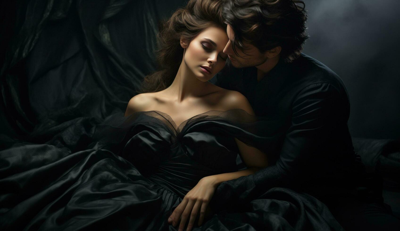 A couple are dressed in expensive designer gowns, in the style of dark tonality photo