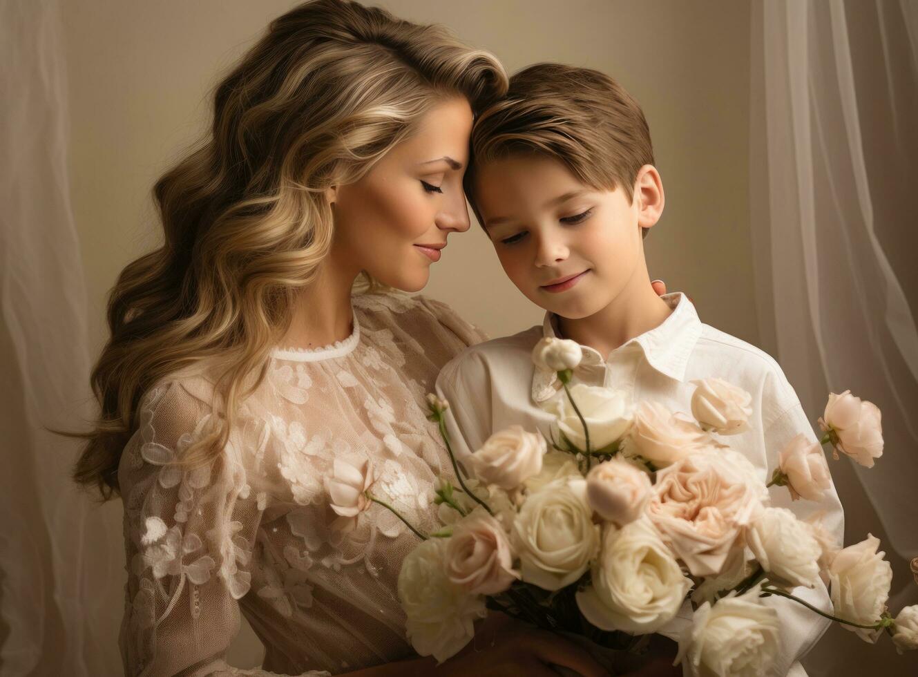 Mother with son with flowers photo