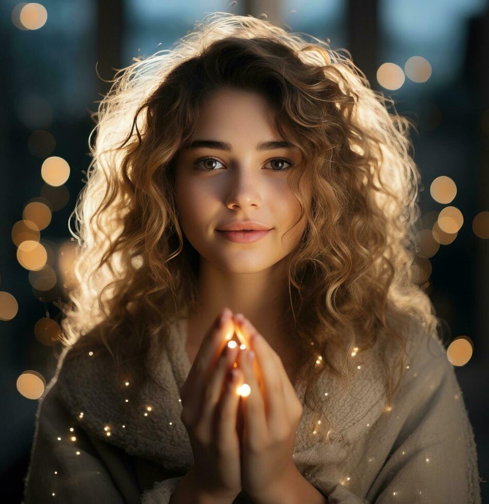Beautiful girl with sparkling lights photo