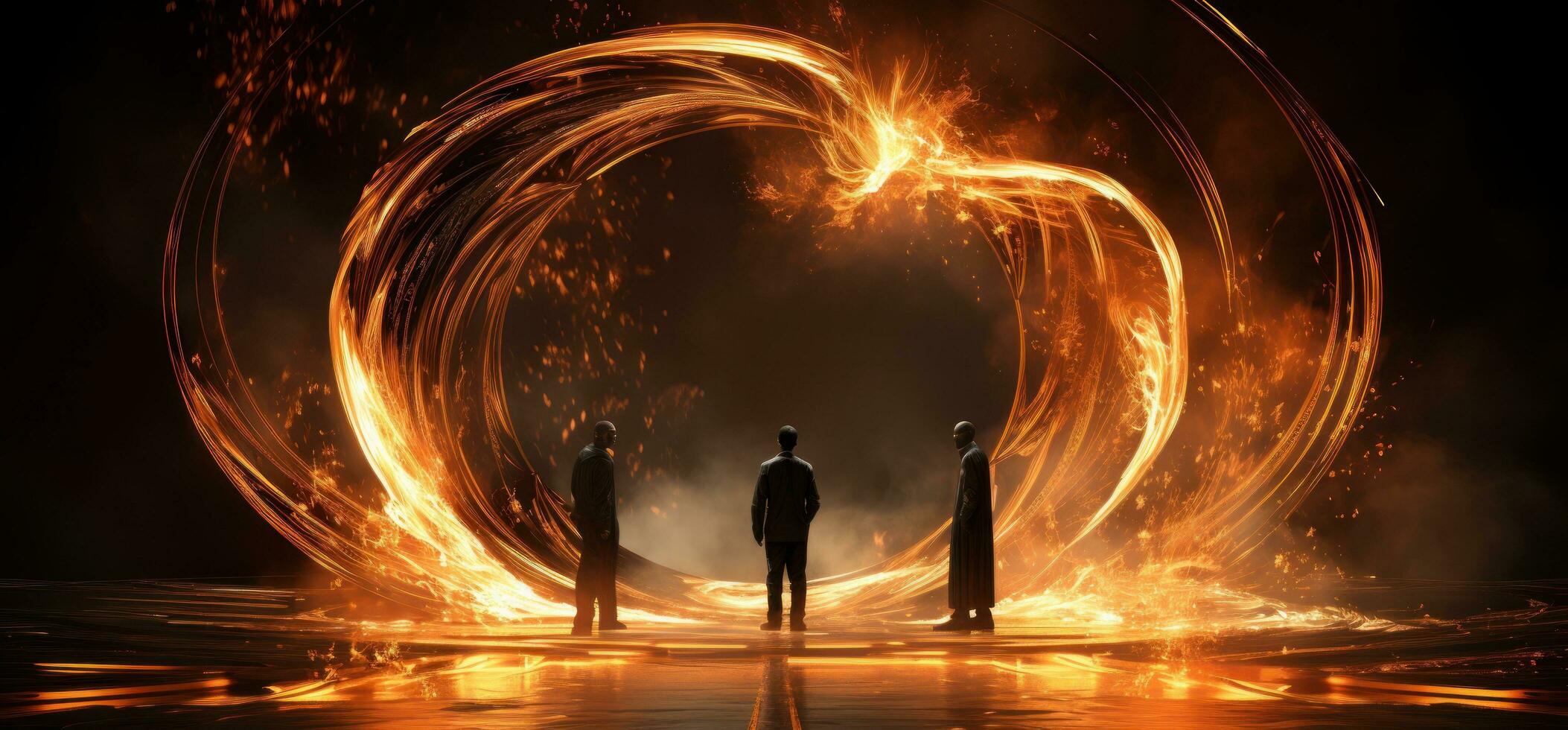 Two men walking in a circle with flame on black background photo