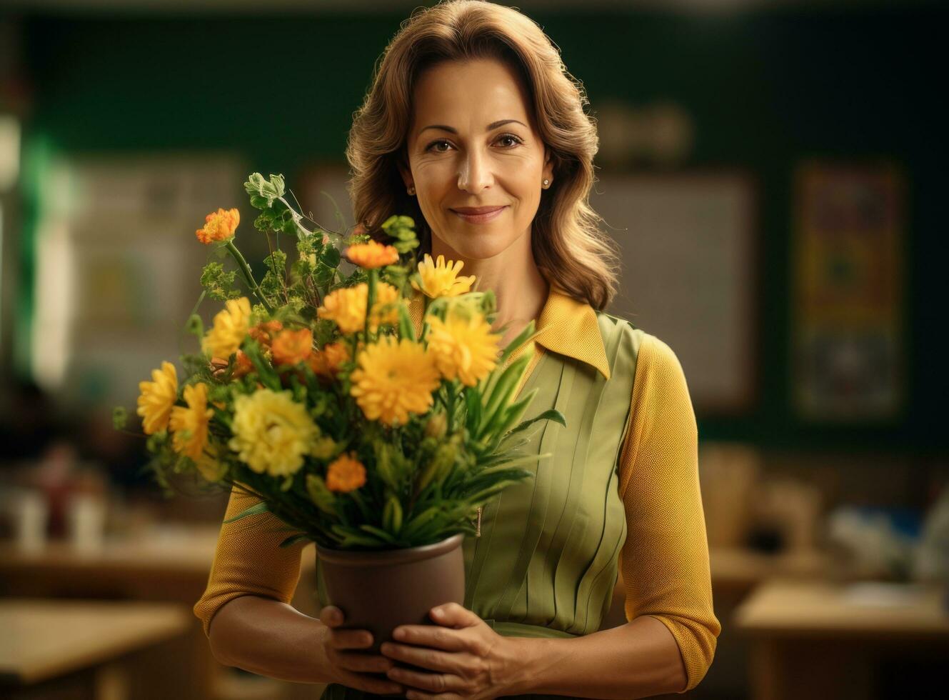 Happy beautiful teacher with flowers photo