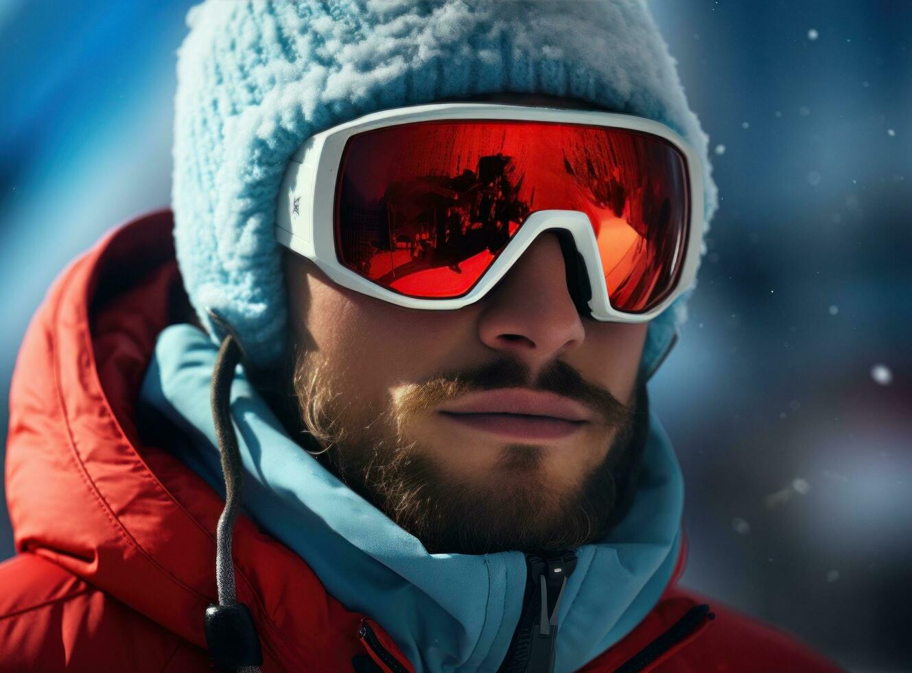 A skier wearing ski goggles and a ski helmet photo