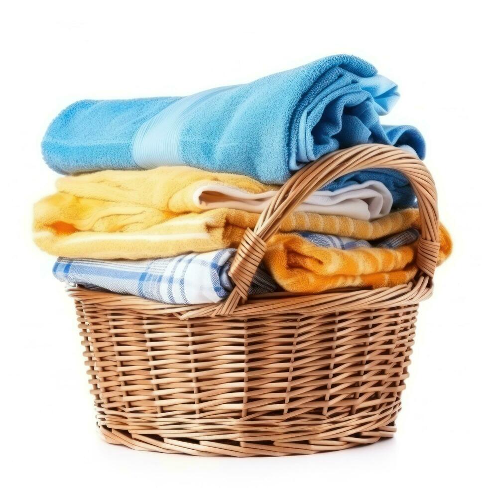 Wicker basket with clean laundry isolated photo