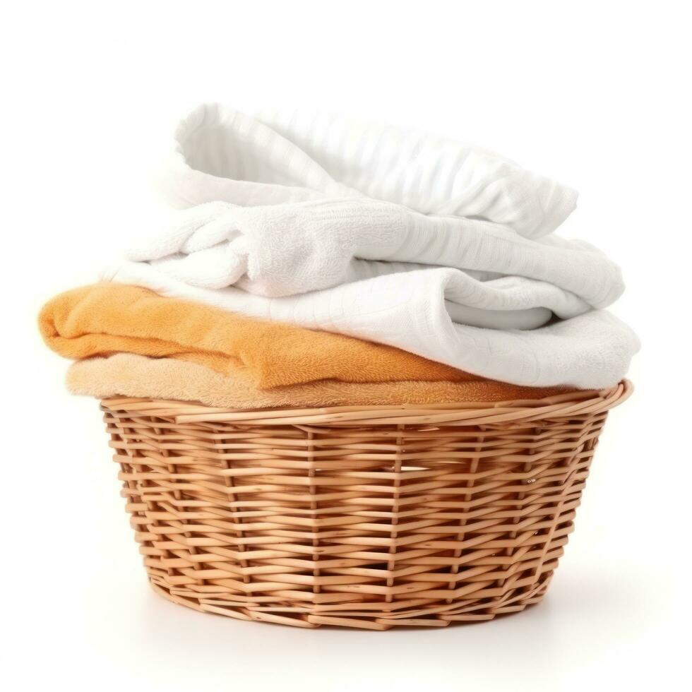 mimbre cesta con limpiar lavandería aislado foto