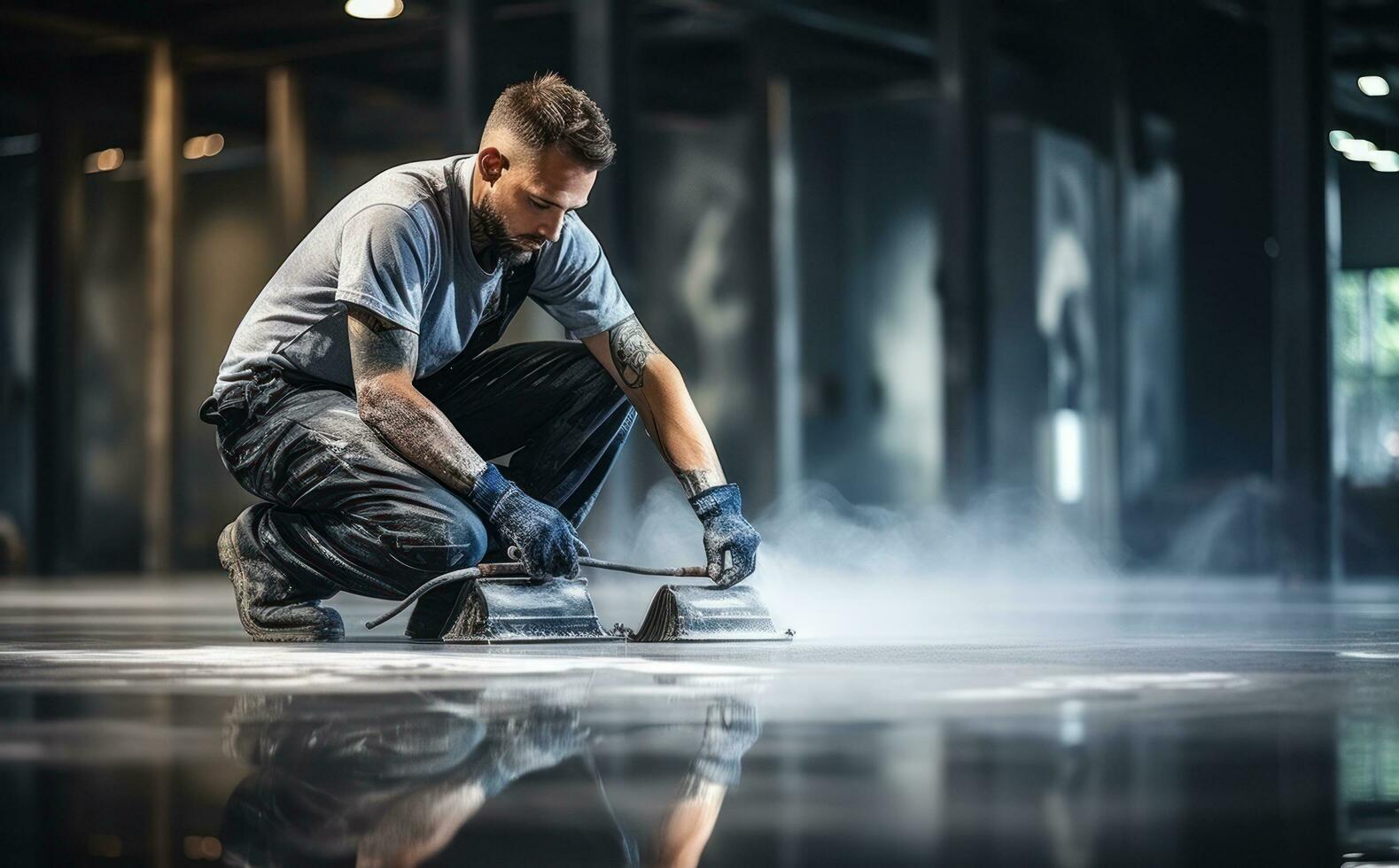 A man is laying cement on a floor photo