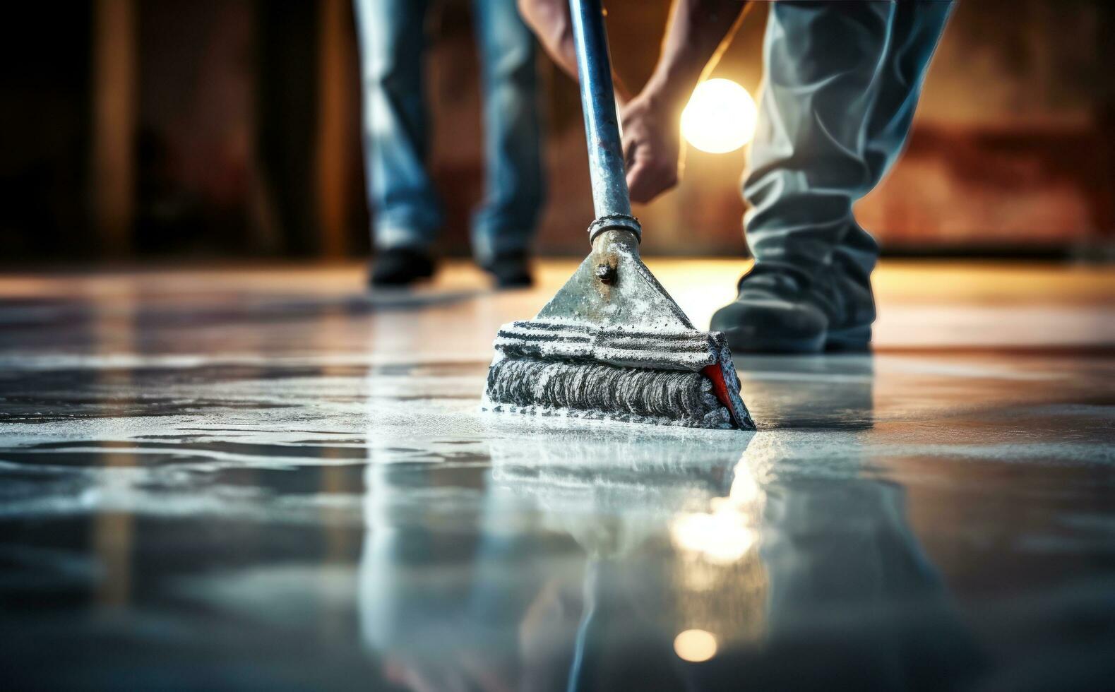 A man is laying cement on a floor photo